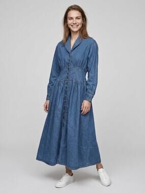 Vintage Denim Forenza Maxi Dress Long Sleeve Fit Flare Prairie Modest Cotton